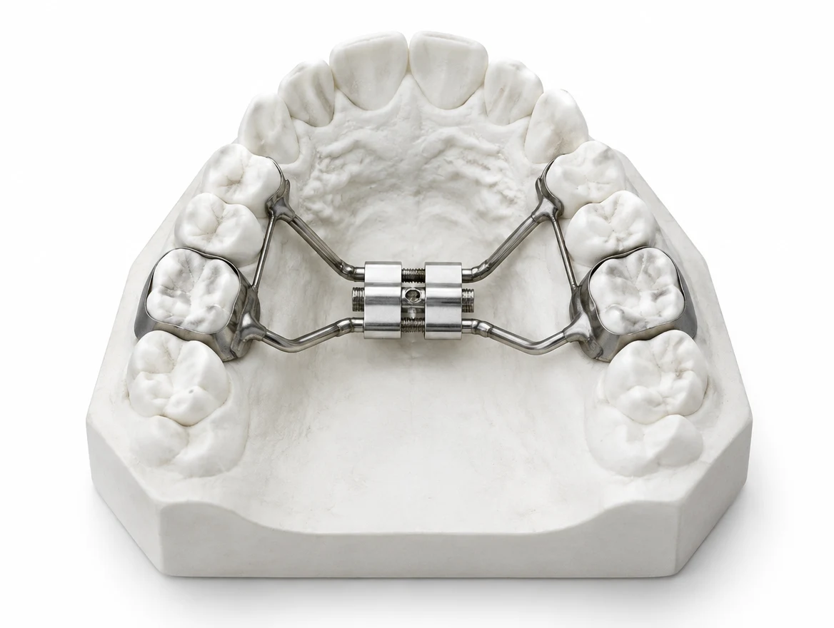 Expansor de paladar tipo Hyrax sobre un modelo dental.